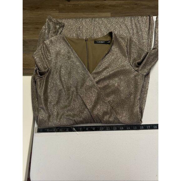 Lauren Ralph Lauren Metallic Gold Long Sleeve Faux Wrap Midi Dress Women Size 10 - Picture 10 of 12